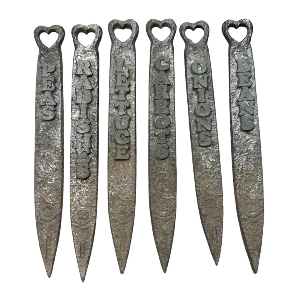 Vintage Cast Iron Vegetable Garden Stakes Markers Cottage Spring Farm Set of 6